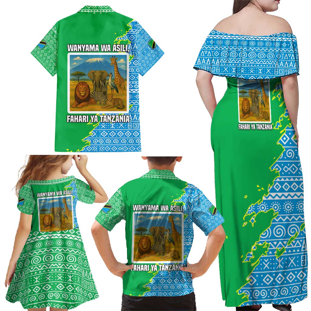Tanzania Wildlife Family Matching Off Shoulder Maxi Dress and Hawaiian Shirt with Tribal Print and Mount Kilimanjaro Safari Scene