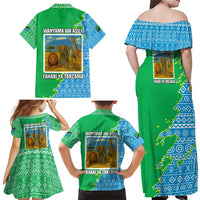 Tanzania Wildlife Family Matching Off Shoulder Maxi Dress and Hawaiian Shirt with Tribal Print and Mount Kilimanjaro Safari Scene