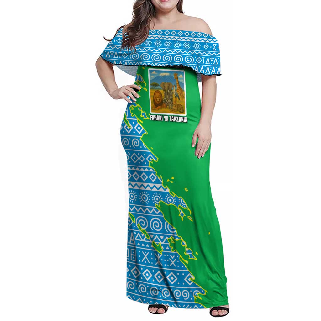 Tanzania Wildlife Family Matching Off Shoulder Maxi Dress and Hawaiian Shirt with Tribal Print and Mount Kilimanjaro Safari Scene