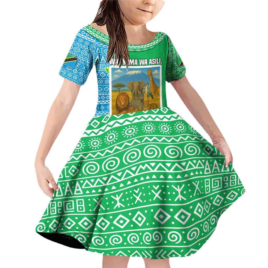 Tanzania Wildlife Family Matching Off Shoulder Short Dress and Hawaiian Shirt with Tribal Print and Mount Kilimanjaro Safari Scene