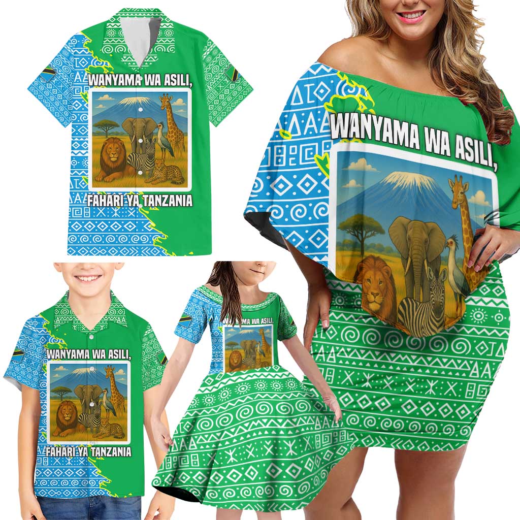 Tanzania Wildlife Family Matching Off Shoulder Short Dress and Hawaiian Shirt with Tribal Print and Mount Kilimanjaro Safari Scene