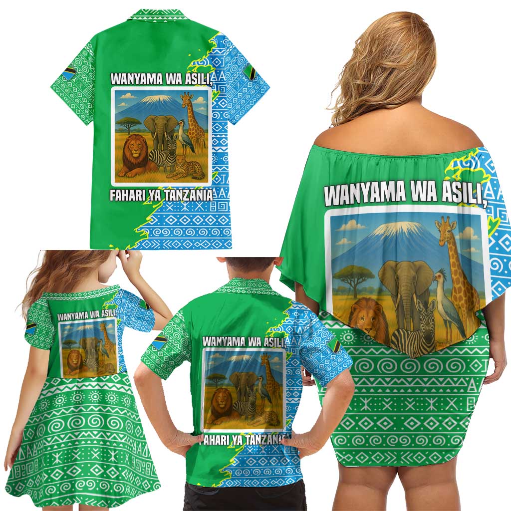 Tanzania Wildlife Family Matching Off Shoulder Short Dress and Hawaiian Shirt with Tribal Print and Mount Kilimanjaro Safari Scene