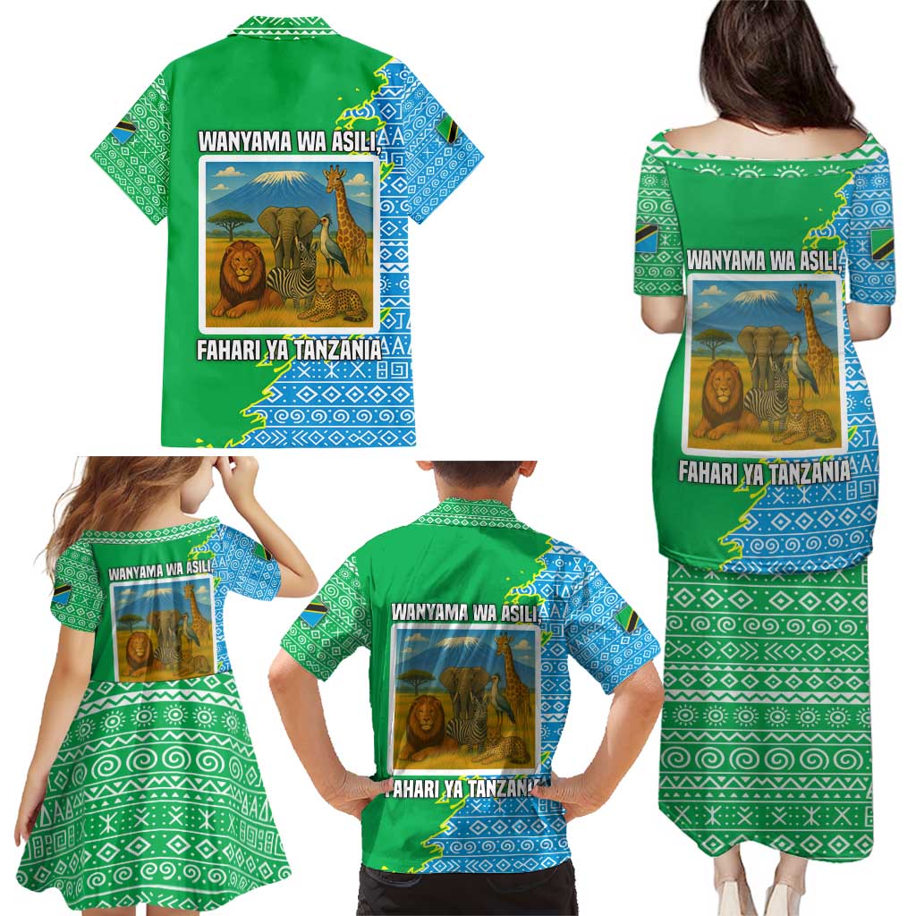 Tanzania Wildlife Family Matching Puletasi and Hawaiian Shirt with Tribal Print and Mount Kilimanjaro Safari Scene