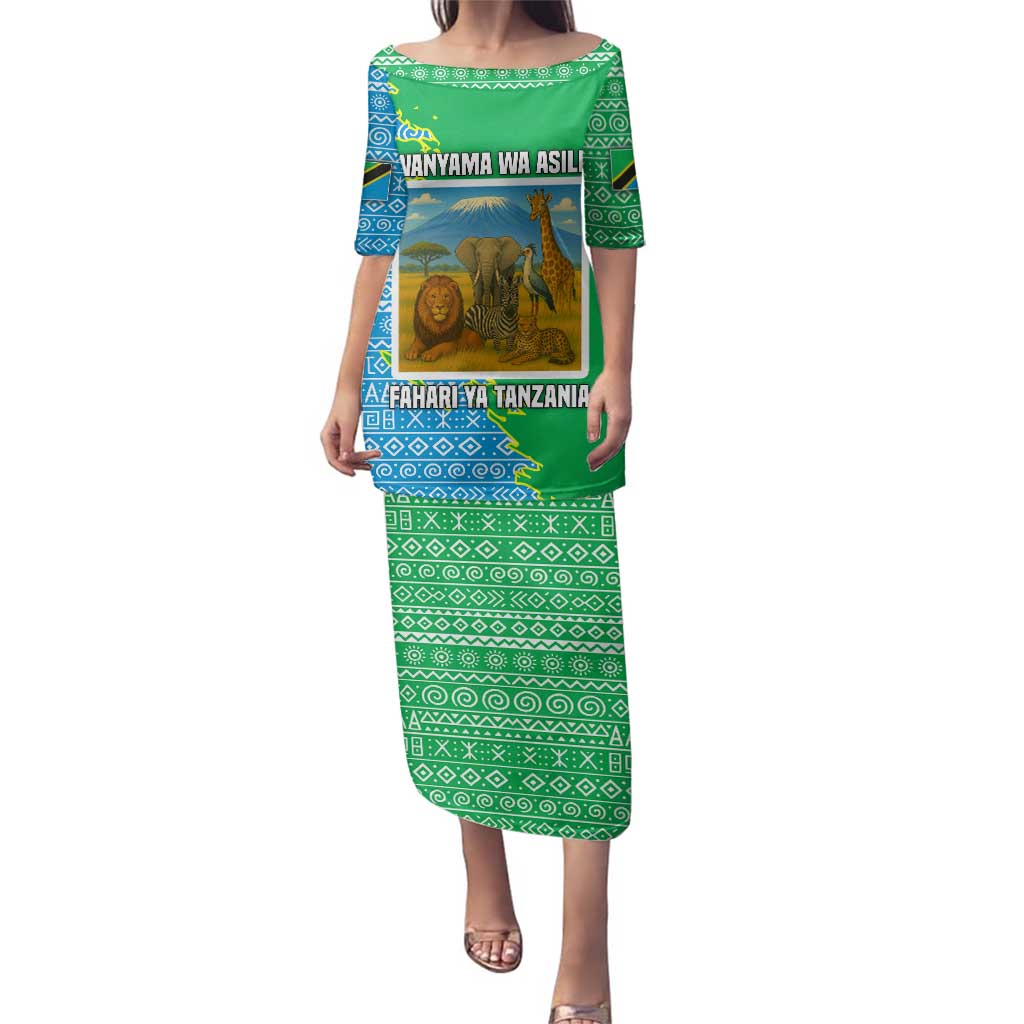 Tanzania Wildlife Family Matching Puletasi and Hawaiian Shirt with Tribal Print and Mount Kilimanjaro Safari Scene