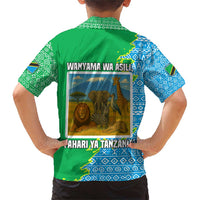 Tanzania Wildlife Family Matching Short Sleeve Bodycon Dress and Hawaiian Shirt with Tribal Print and Mount Kilimanjaro Safari Scene