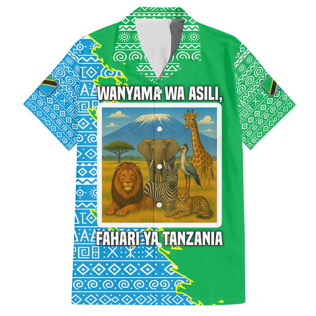 Tanzania Wildlife Family Matching Short Sleeve Bodycon Dress and Hawaiian Shirt with Tribal Print and Mount Kilimanjaro Safari Scene