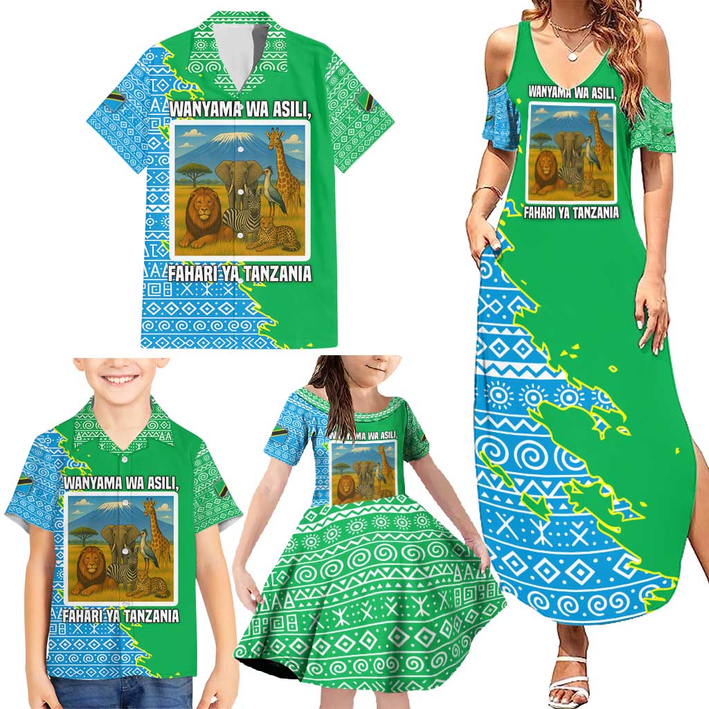 Tanzania Wildlife Family Matching Summer Maxi Dress and Hawaiian Shirt with Tribal Print and Mount Kilimanjaro Safari Scene