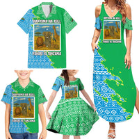 Tanzania Wildlife Family Matching Summer Maxi Dress and Hawaiian Shirt with Tribal Print and Mount Kilimanjaro Safari Scene