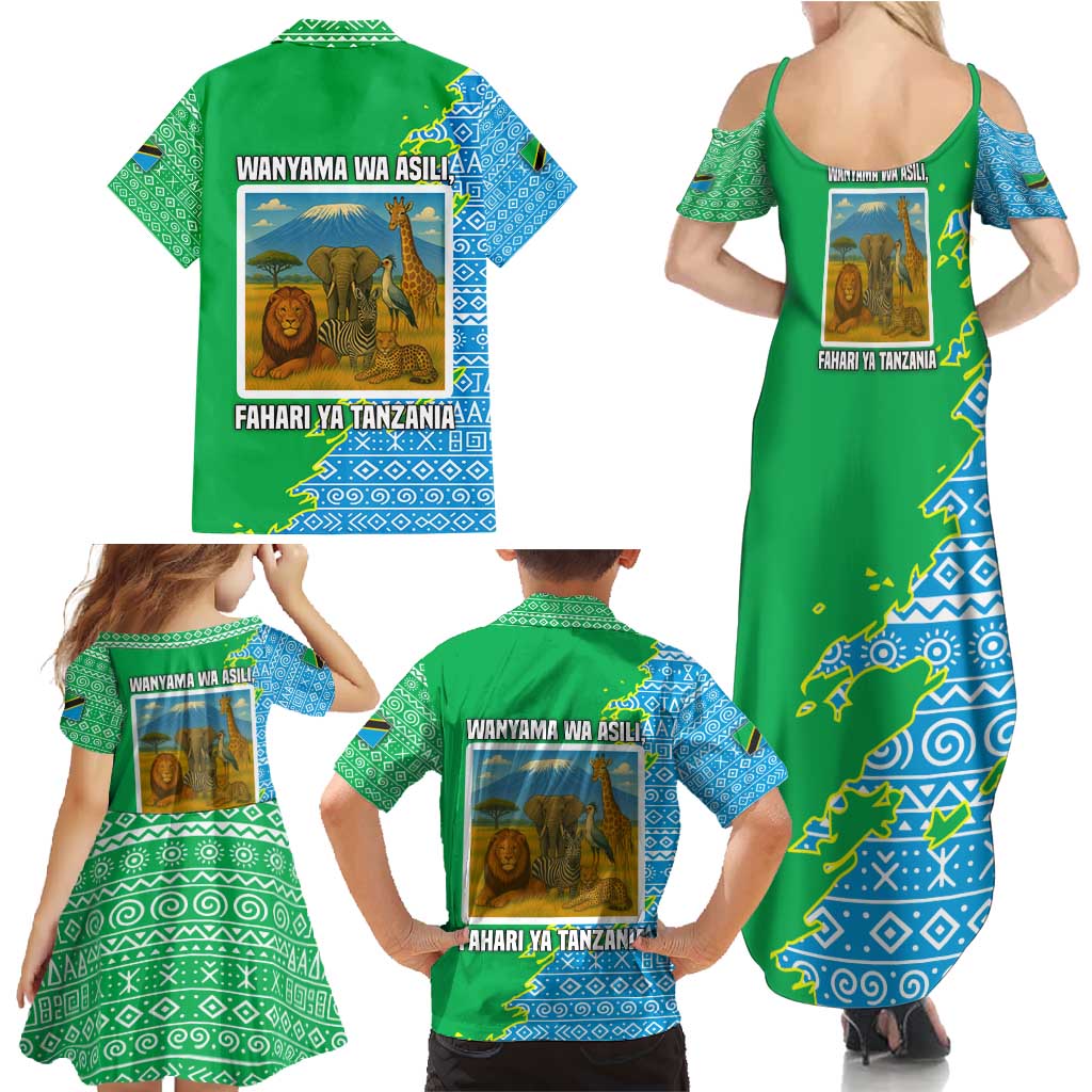 Tanzania Wildlife Family Matching Summer Maxi Dress and Hawaiian Shirt with Tribal Print and Mount Kilimanjaro Safari Scene