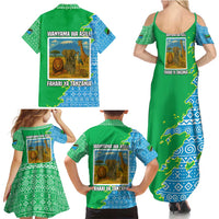 Tanzania Wildlife Family Matching Summer Maxi Dress and Hawaiian Shirt with Tribal Print and Mount Kilimanjaro Safari Scene