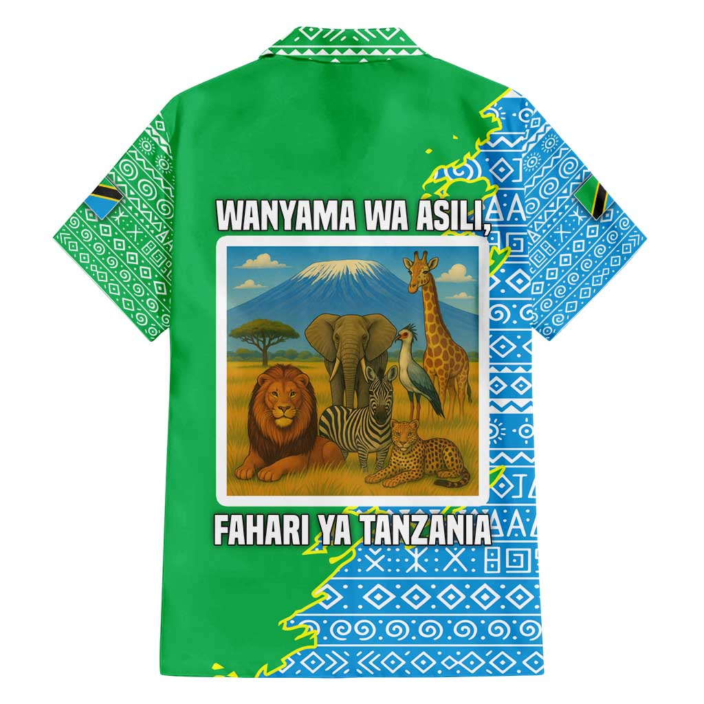 Tanzania Wildlife Family Matching Summer Maxi Dress and Hawaiian Shirt with Tribal Print and Mount Kilimanjaro Safari Scene