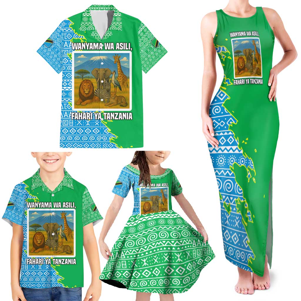 Tanzania Wildlife Family Matching Tank Maxi Dress and Hawaiian Shirt with Tribal Print and Mount Kilimanjaro Safari Scene
