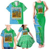 Tanzania Wildlife Family Matching Tank Maxi Dress and Hawaiian Shirt with Tribal Print and Mount Kilimanjaro Safari Scene