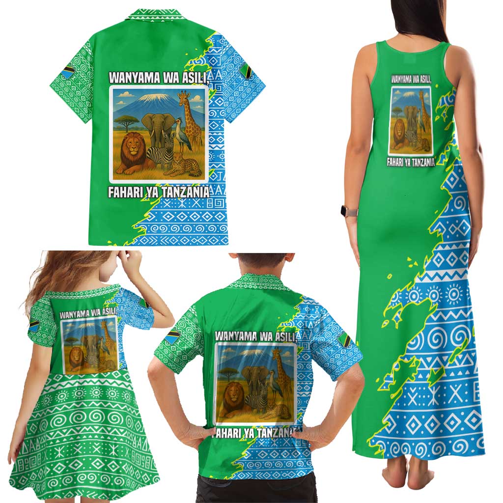 Tanzania Wildlife Family Matching Tank Maxi Dress and Hawaiian Shirt with Tribal Print and Mount Kilimanjaro Safari Scene