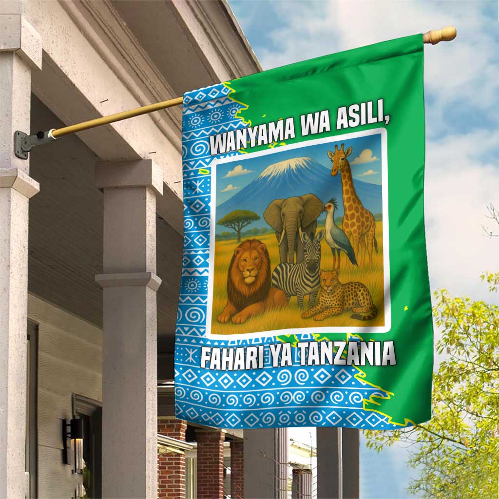 Tanzania Wildlife Garden Flag with Tribal Print and Mount Kilimanjaro Safari Scene