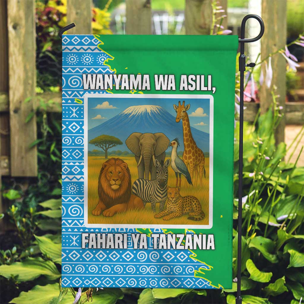 Tanzania Wildlife Garden Flag with Tribal Print and Mount Kilimanjaro Safari Scene
