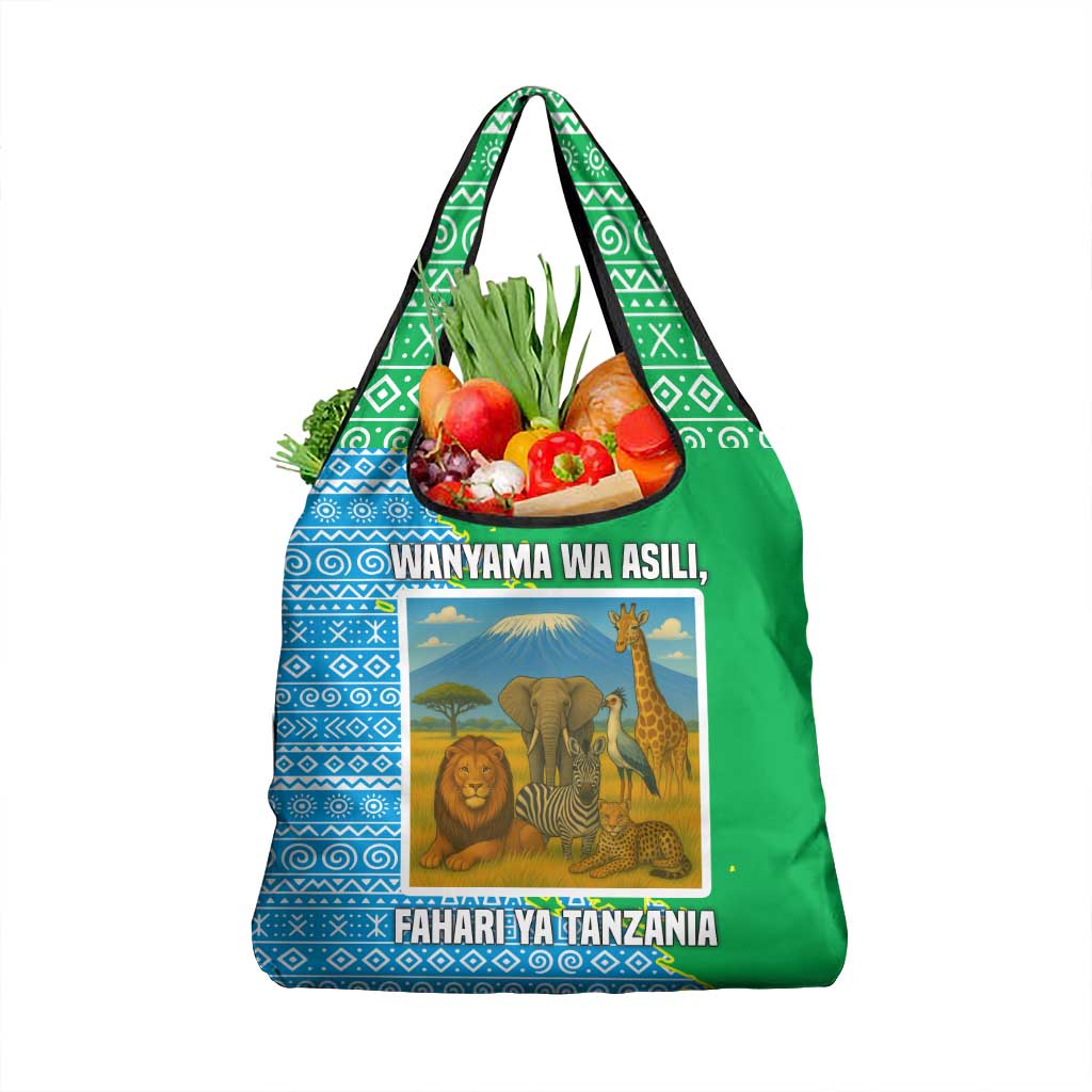 Tanzania Wildlife Grocery Bag with Tribal Print and Mount Kilimanjaro Safari Scene