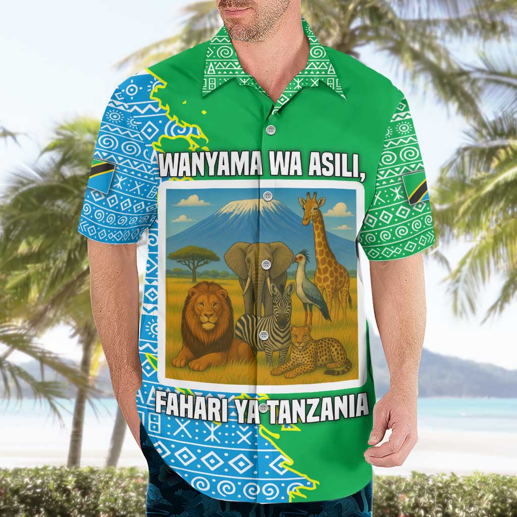 Tanzania Wildlife Hawaiian Shirt with Tribal Print and Mount Kilimanjaro Safari Scene