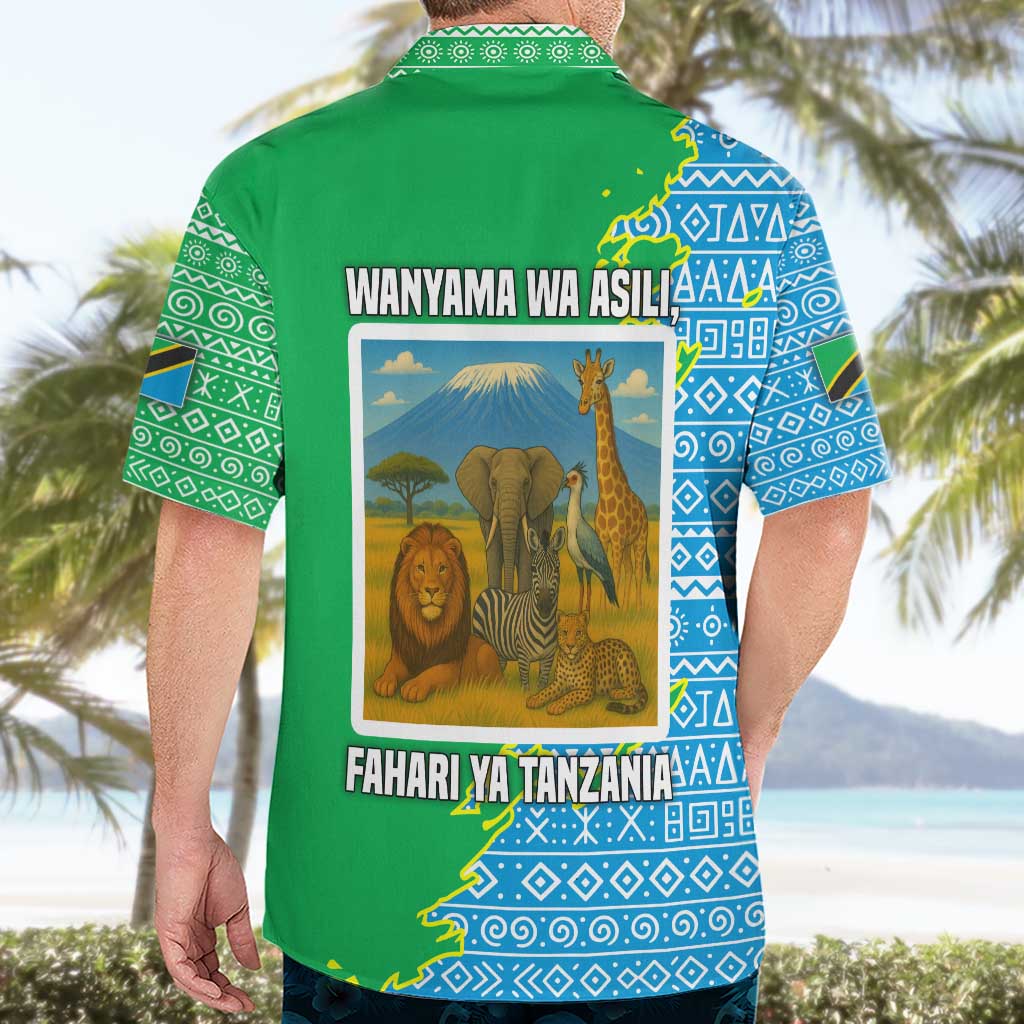 Tanzania Wildlife Hawaiian Shirt with Tribal Print and Mount Kilimanjaro Safari Scene
