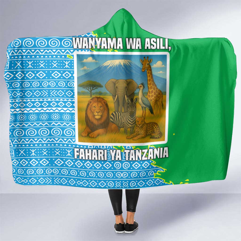 Tanzania Wildlife Hooded Blanket with Tribal Print and Mount Kilimanjaro Safari Scene