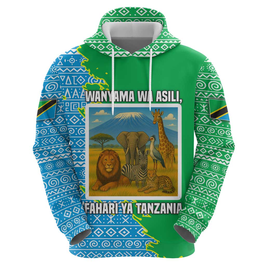 Tanzania Wildlife Hoodie with Tribal Print and Mount Kilimanjaro Safari Scene