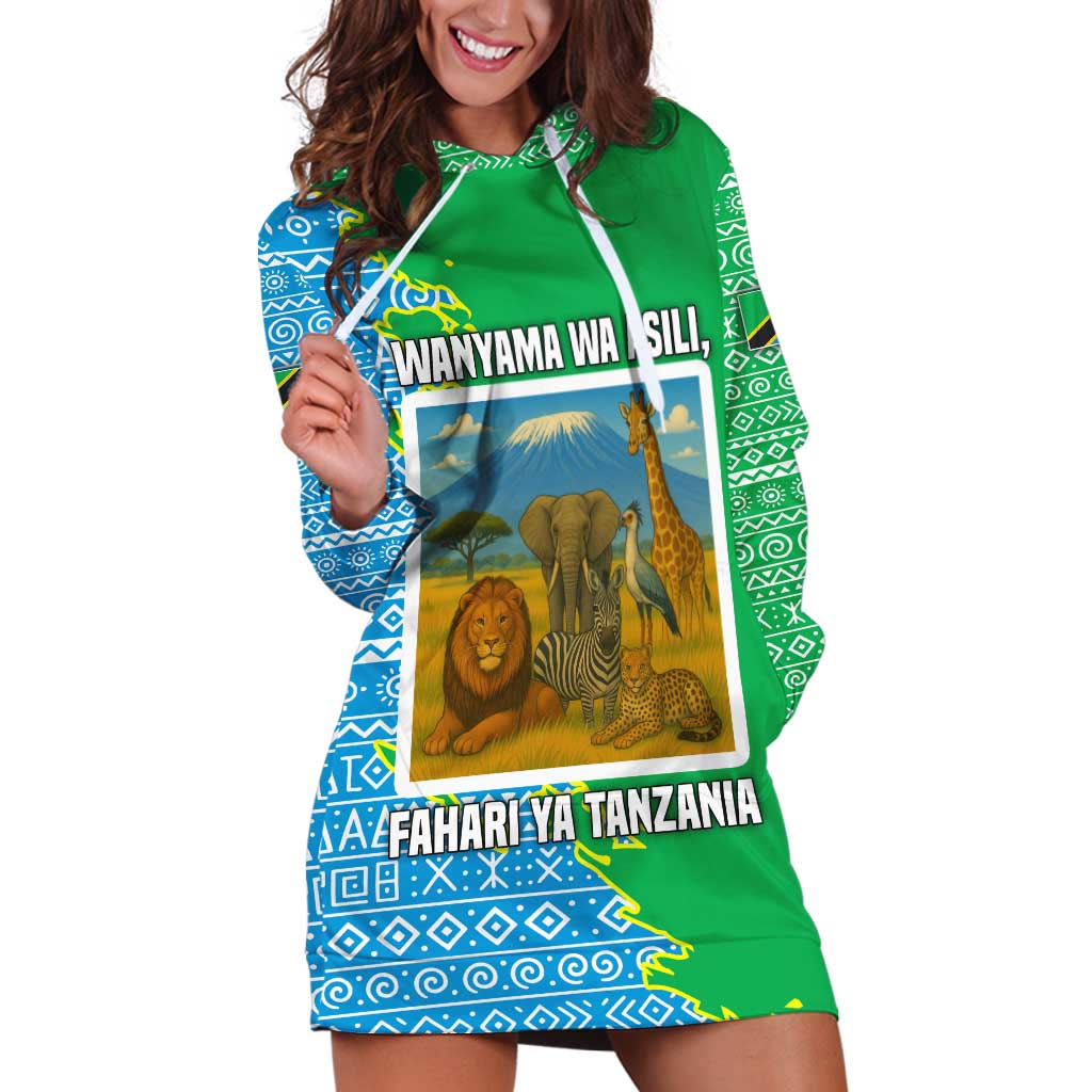 Tanzania Wildlife Hoodie Dress with Tribal Print and Mount Kilimanjaro Safari Scene