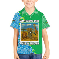 Tanzania Wildlife Kid Hawaiian Shirt with Tribal Print and Mount Kilimanjaro Safari Scene