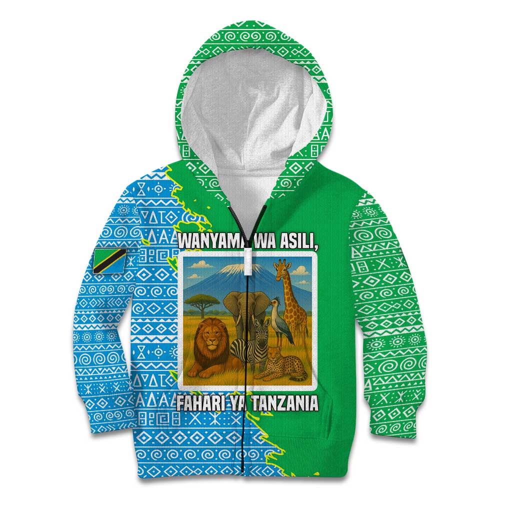 Tanzania Wildlife Kid Hoodie with Tribal Print and Mount Kilimanjaro Safari Scene