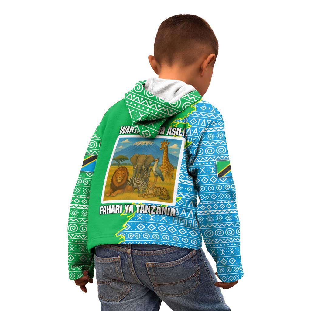 Tanzania Wildlife Kid Hoodie with Tribal Print and Mount Kilimanjaro Safari Scene