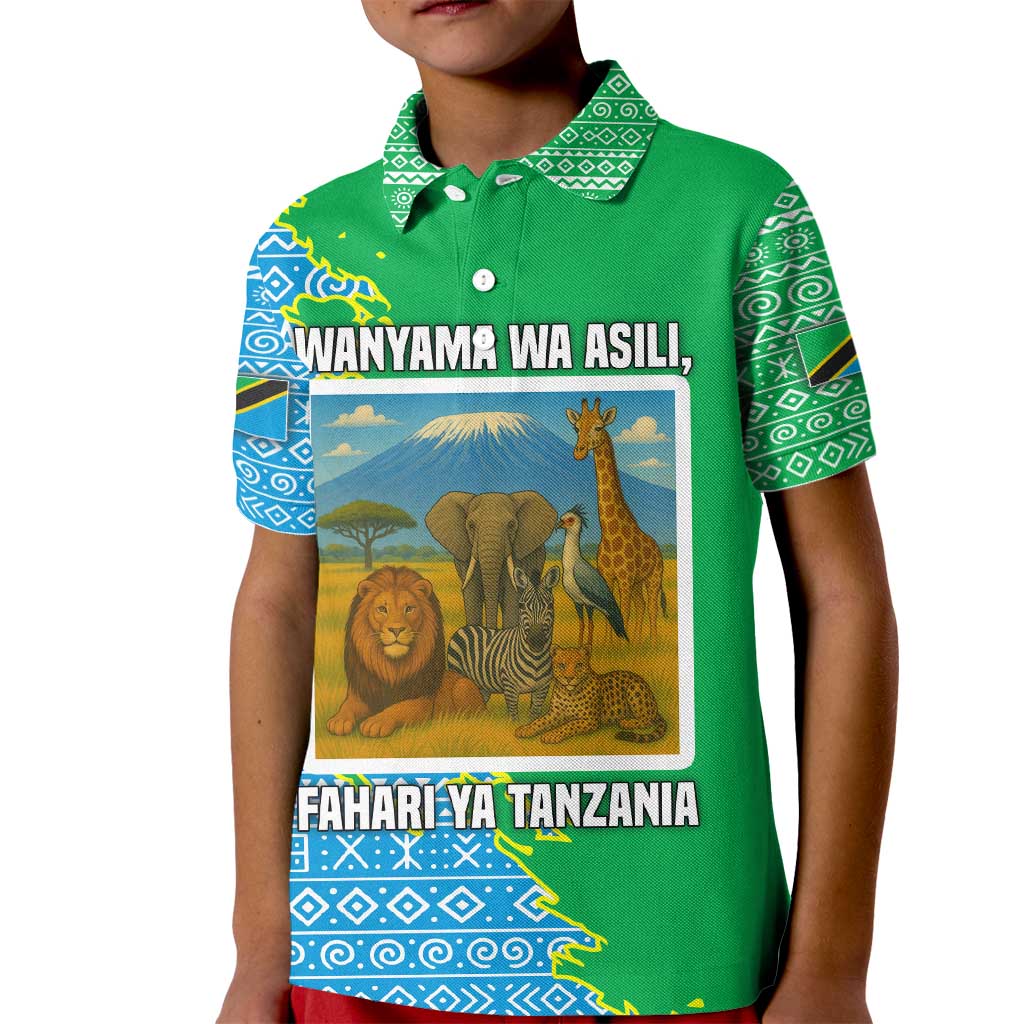 Tanzania Wildlife Kid Polo Shirt with Tribal Print and Mount Kilimanjaro Safari Scene