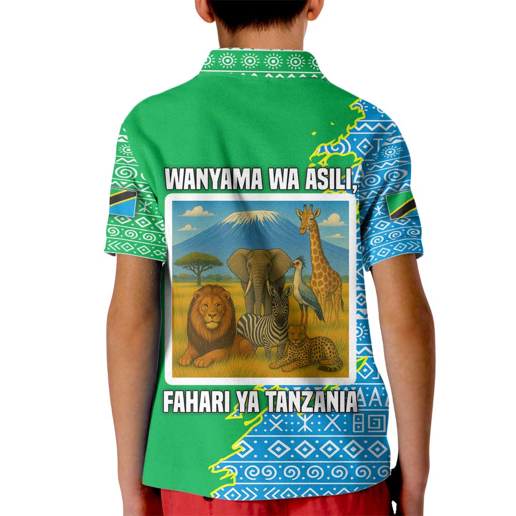Tanzania Wildlife Kid Polo Shirt with Tribal Print and Mount Kilimanjaro Safari Scene