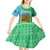 Tanzania Wildlife Kid Short Sleeve Dress with Tribal Print and Mount Kilimanjaro Safari Scene