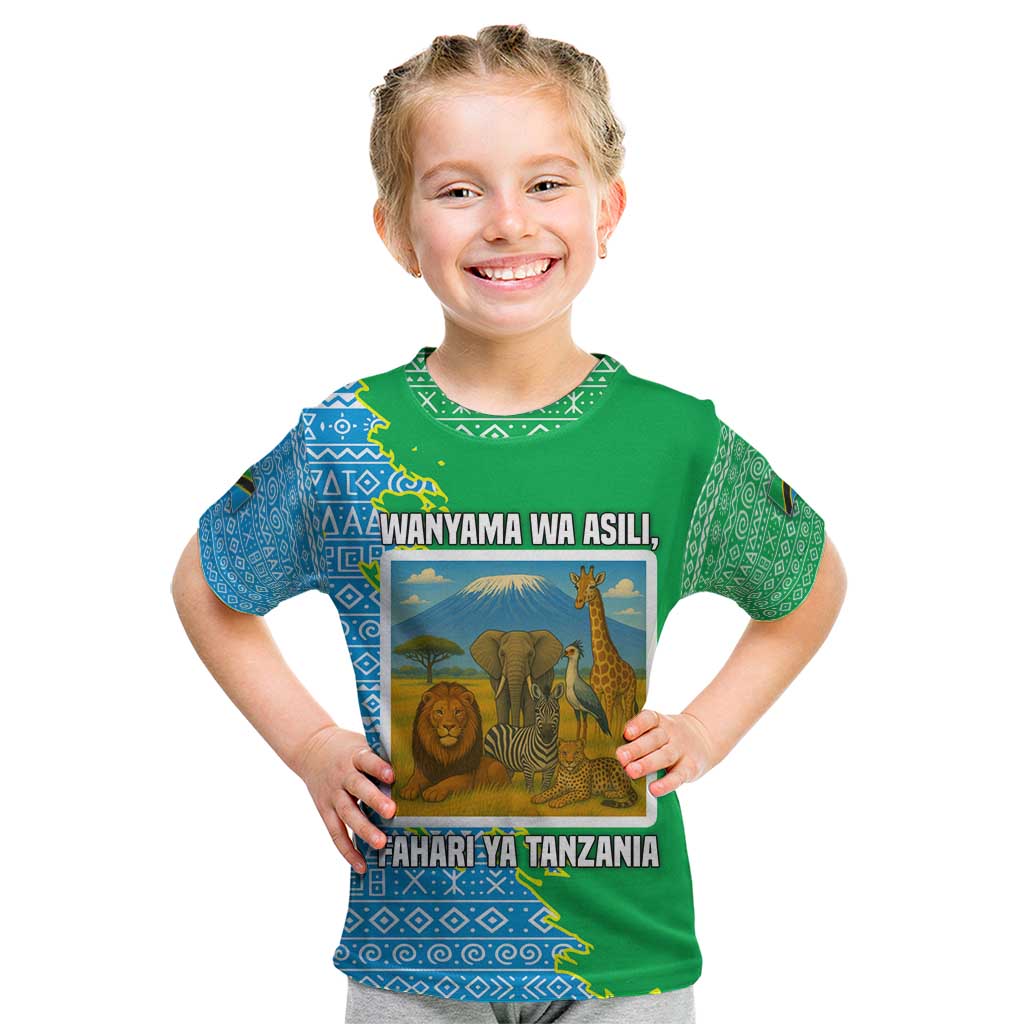 Tanzania Wildlife Kid T Shirt with Tribal Print and Mount Kilimanjaro Safari Scene