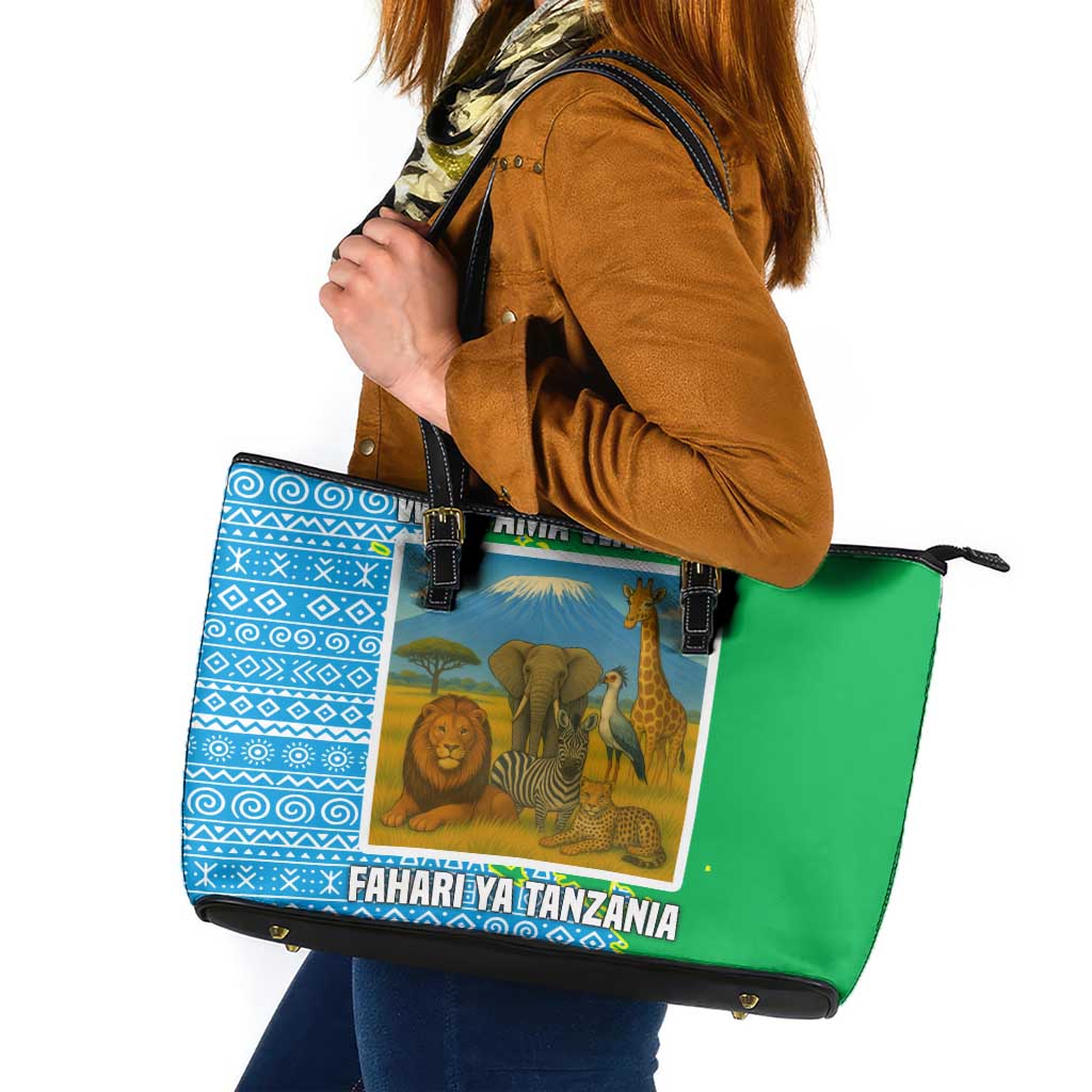 Tanzania Wildlife Leather Tote Bag with Tribal Print and Mount Kilimanjaro Safari Scene