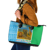 Tanzania Wildlife Leather Tote Bag with Tribal Print and Mount Kilimanjaro Safari Scene