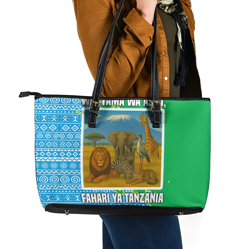 Tanzania Wildlife Leather Tote Bag with Tribal Print and Mount Kilimanjaro Safari Scene