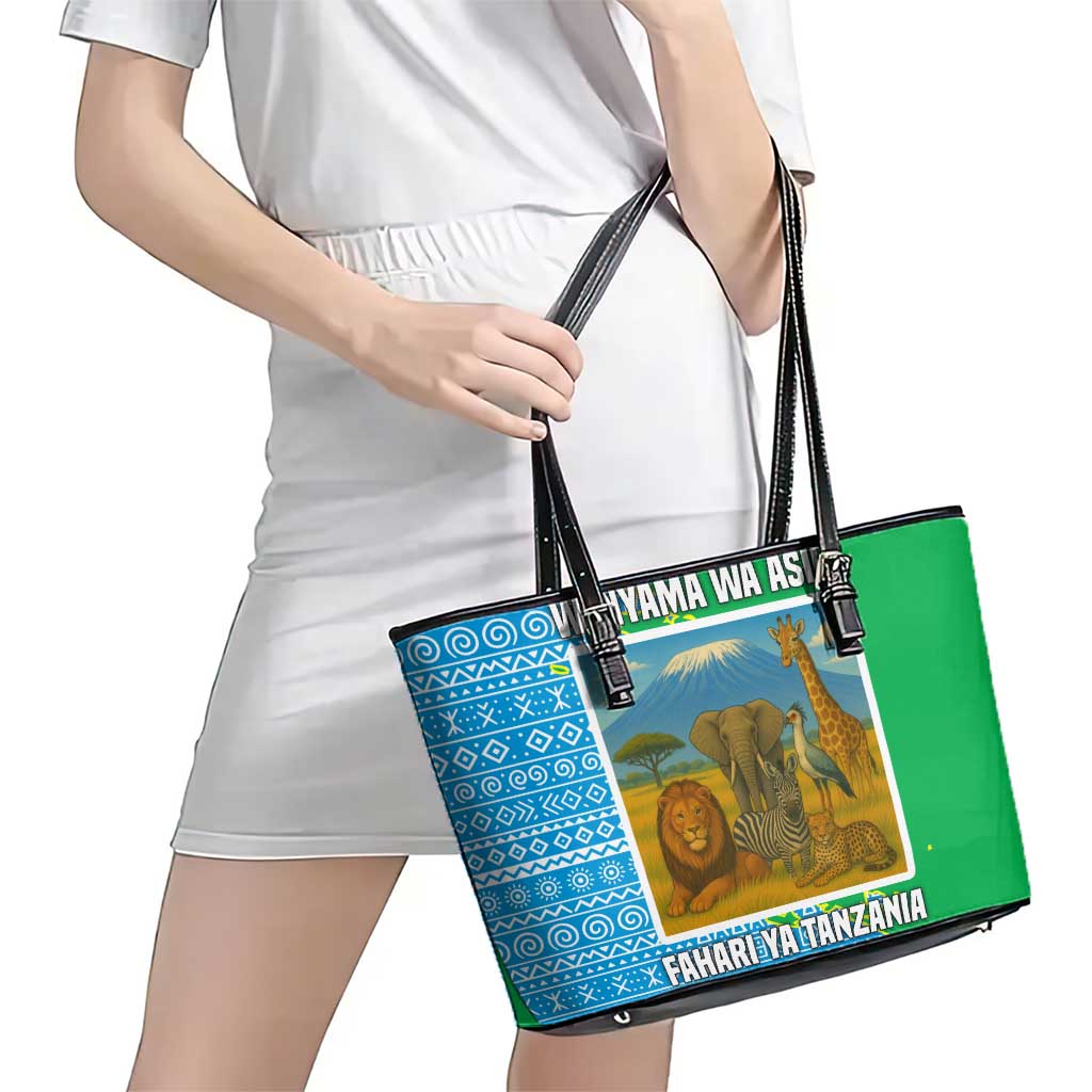 Tanzania Wildlife Leather Tote Bag with Tribal Print and Mount Kilimanjaro Safari Scene