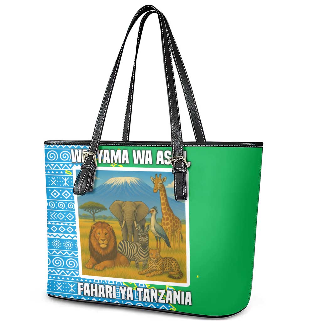 Tanzania Wildlife Leather Tote Bag with Tribal Print and Mount Kilimanjaro Safari Scene
