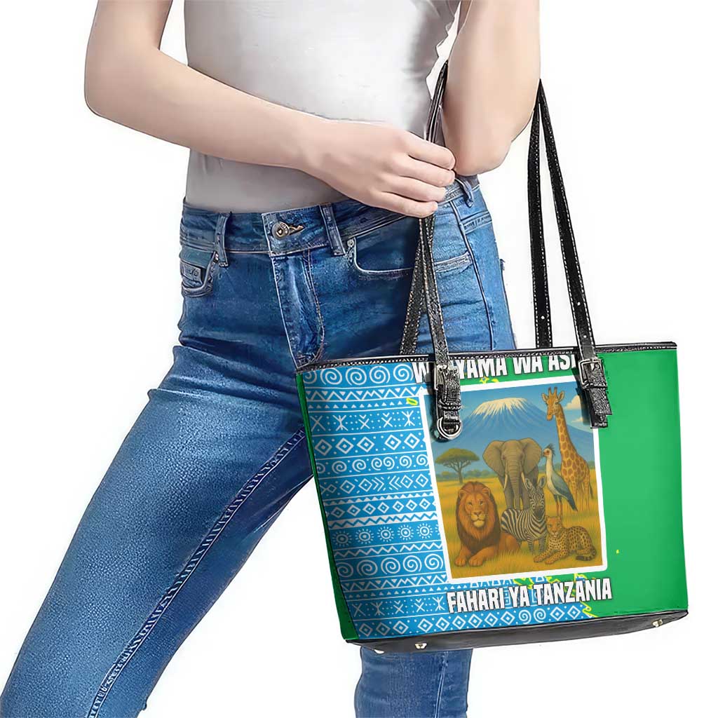 Tanzania Wildlife Leather Tote Bag with Tribal Print and Mount Kilimanjaro Safari Scene