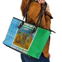 Tanzania Wildlife Leather Tote Bag with Tribal Print and Mount Kilimanjaro Safari Scene