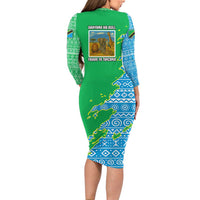 Tanzania Wildlife Long Sleeve Bodycon Dress with Tribal Print and Mount Kilimanjaro Safari Scene