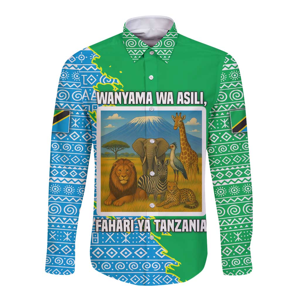 Tanzania Wildlife Long Sleeve Button Shirt with Tribal Print and Mount Kilimanjaro Safari Scene