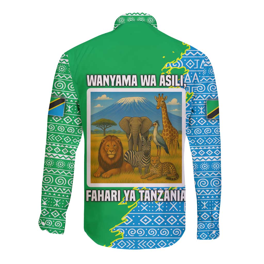 Tanzania Wildlife Long Sleeve Button Shirt with Tribal Print and Mount Kilimanjaro Safari Scene
