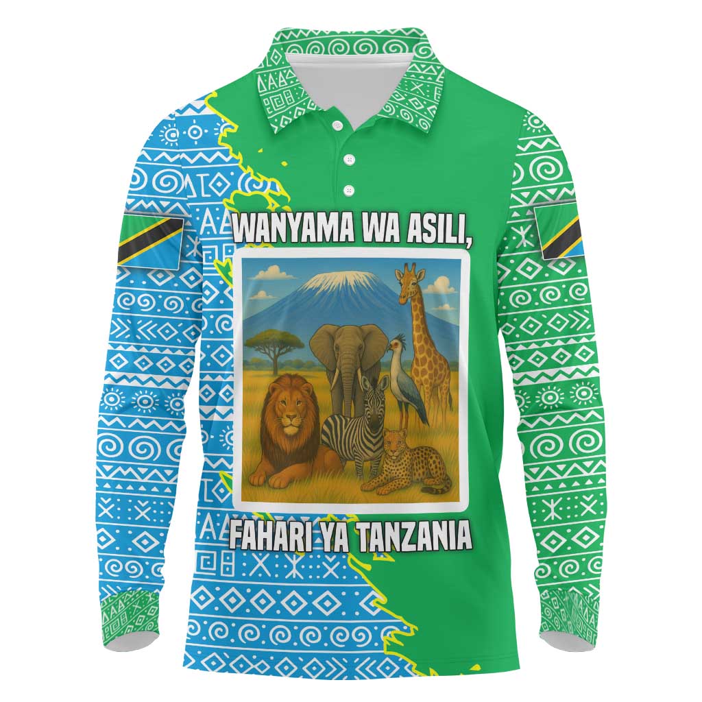 Tanzania Wildlife Long Sleeve Polo Shirt with Tribal Print and Mount Kilimanjaro Safari Scene