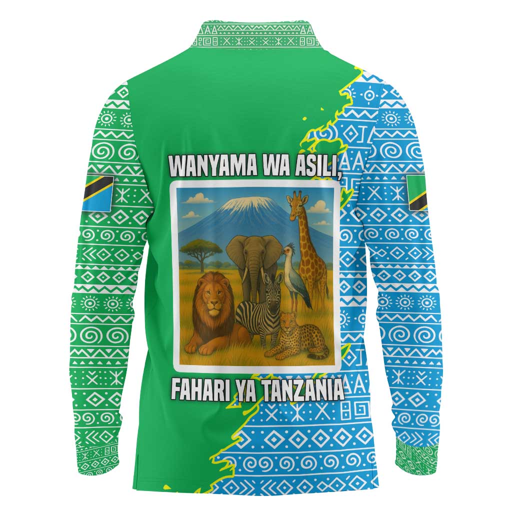 Tanzania Wildlife Long Sleeve Polo Shirt with Tribal Print and Mount Kilimanjaro Safari Scene