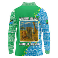 Tanzania Wildlife Long Sleeve Polo Shirt with Tribal Print and Mount Kilimanjaro Safari Scene