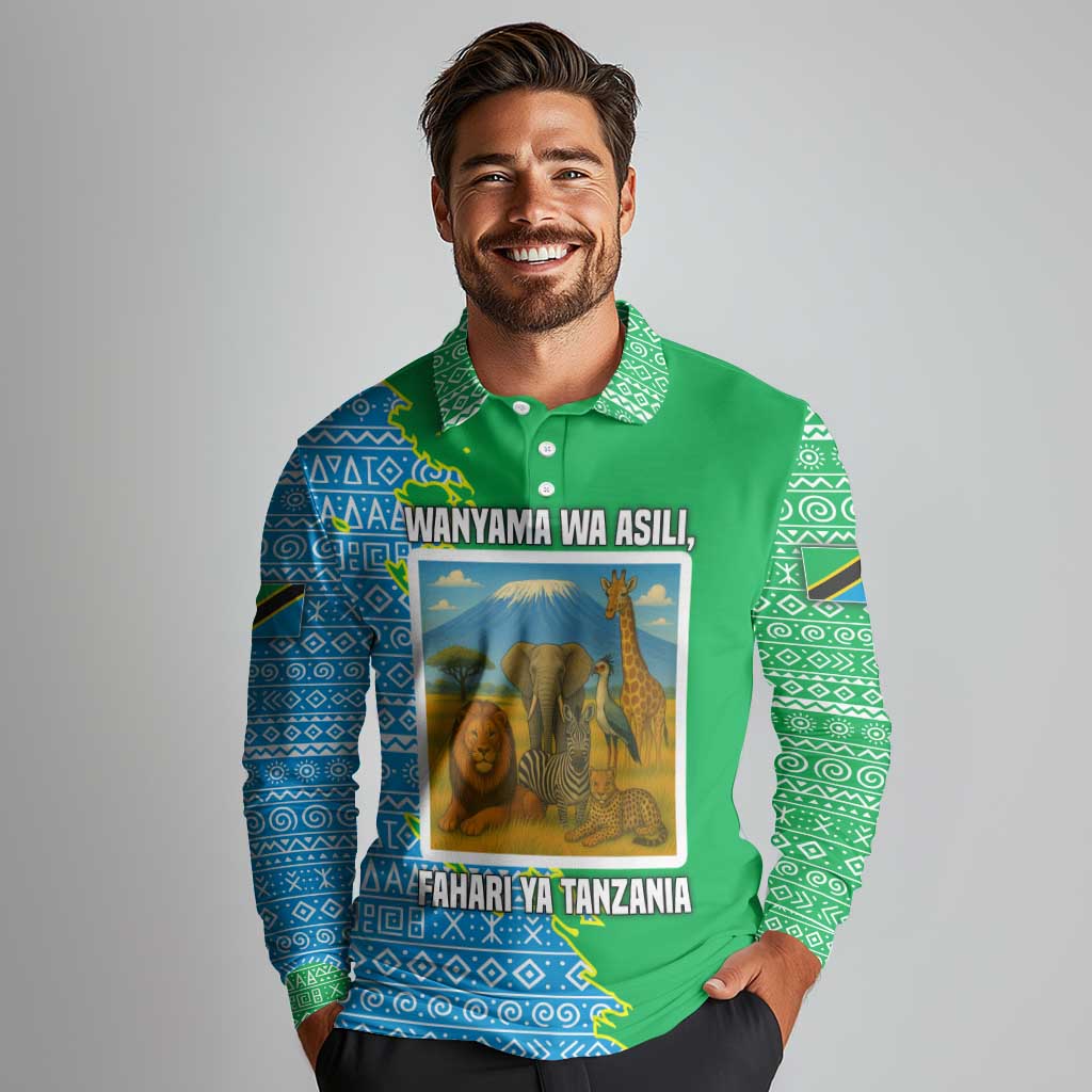 Tanzania Wildlife Long Sleeve Polo Shirt with Tribal Print and Mount Kilimanjaro Safari Scene