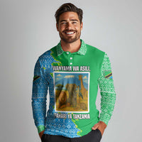 Tanzania Wildlife Long Sleeve Polo Shirt with Tribal Print and Mount Kilimanjaro Safari Scene