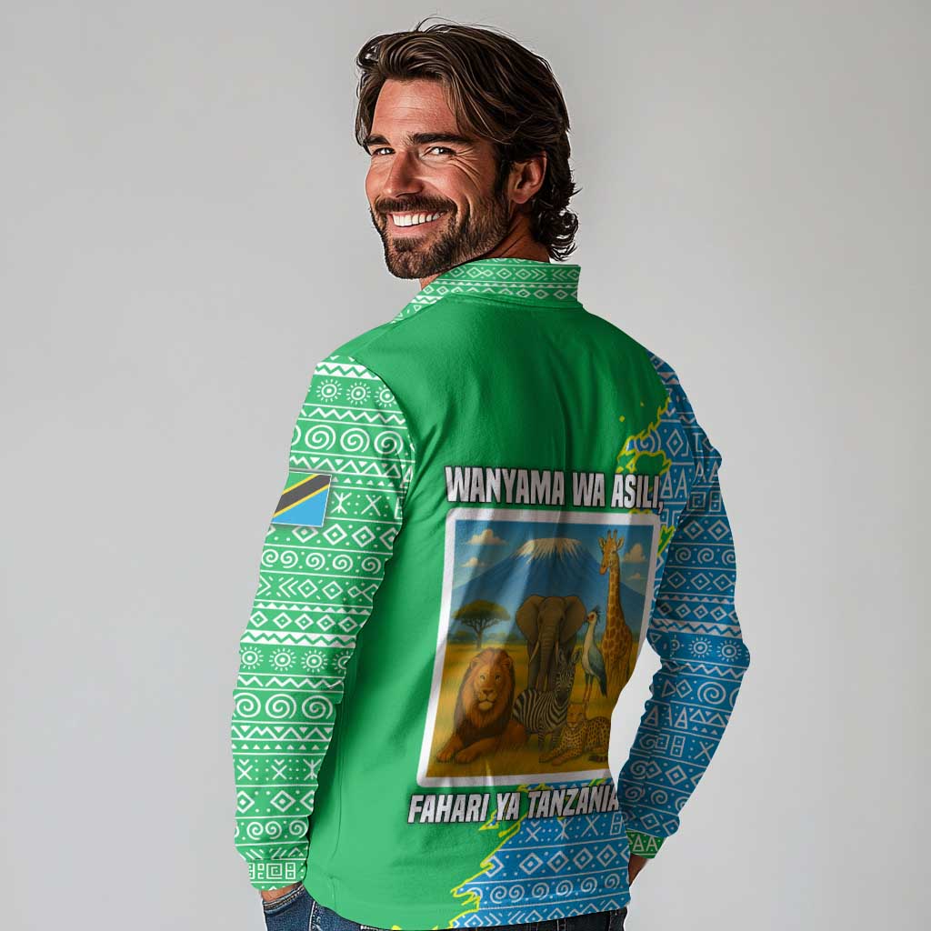 Tanzania Wildlife Long Sleeve Polo Shirt with Tribal Print and Mount Kilimanjaro Safari Scene