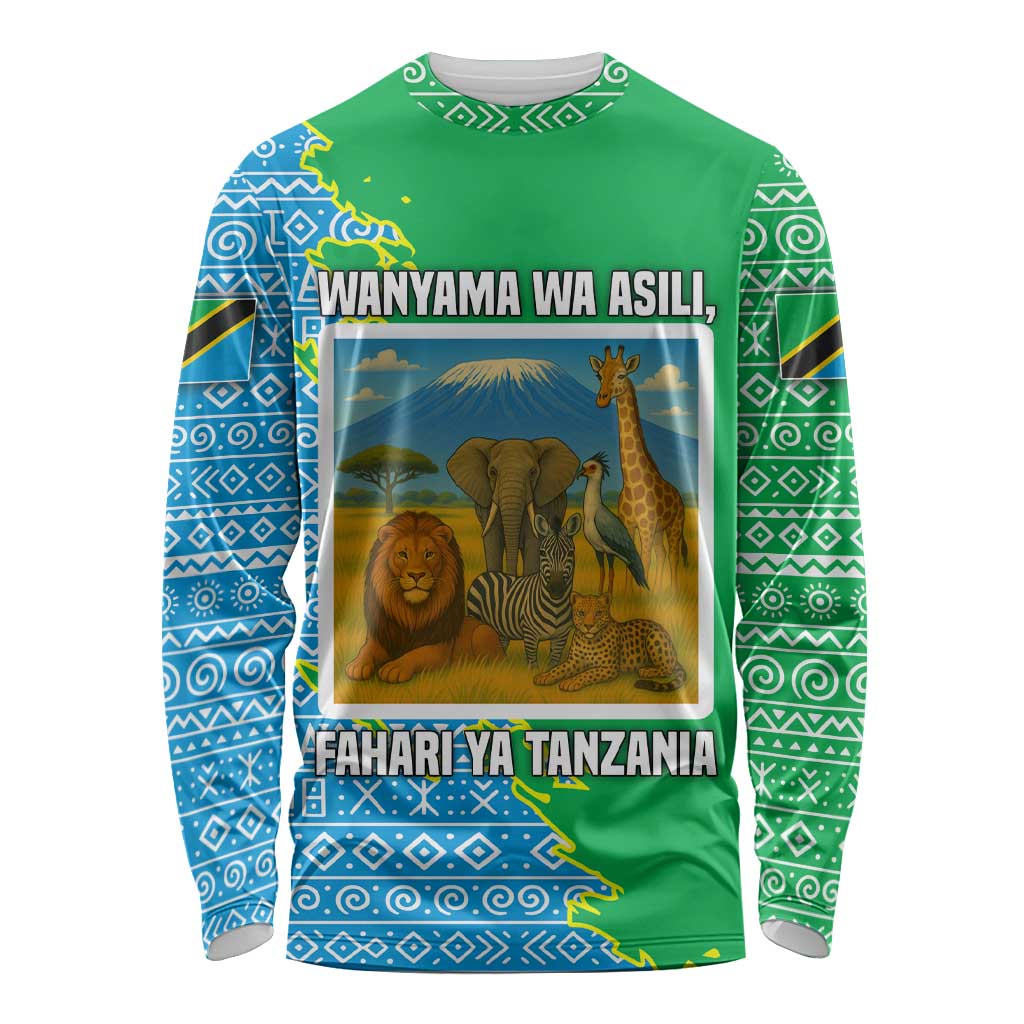 Tanzania Wildlife Long Sleeve Shirt with Tribal Print and Mount Kilimanjaro Safari Scene